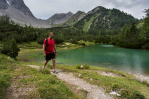 Hiker, mountain lake, mountains, summits, way Hiker, mountain lake, mountains, summits, way